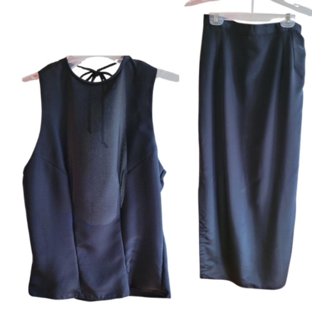 Black Satin Top with Keyhole back & Maxi Pencil Skirt Evening Wear Match…